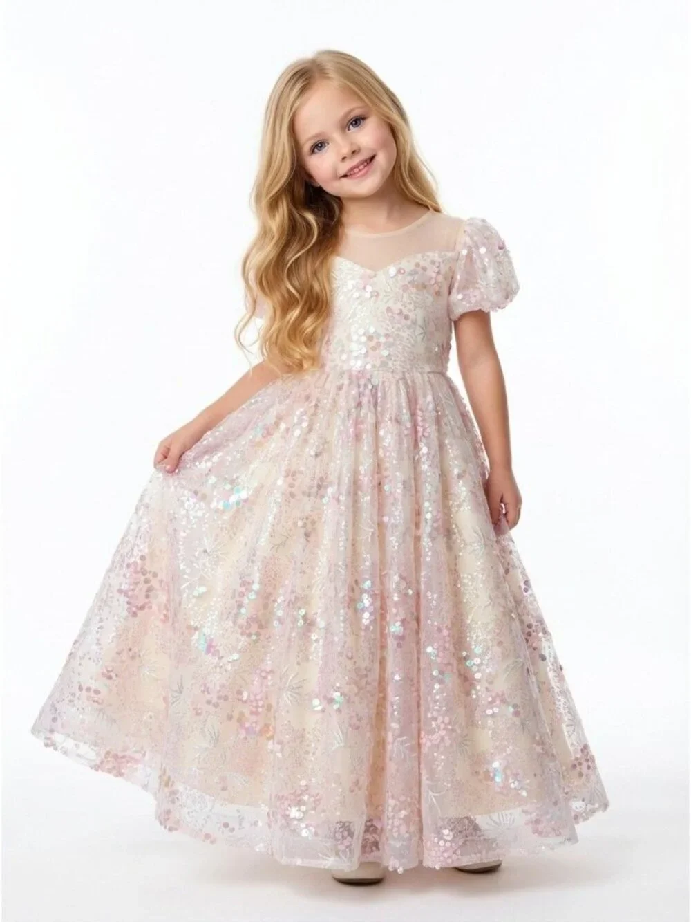 Girls Blush Pink Sequin Princess Dress Party Gown